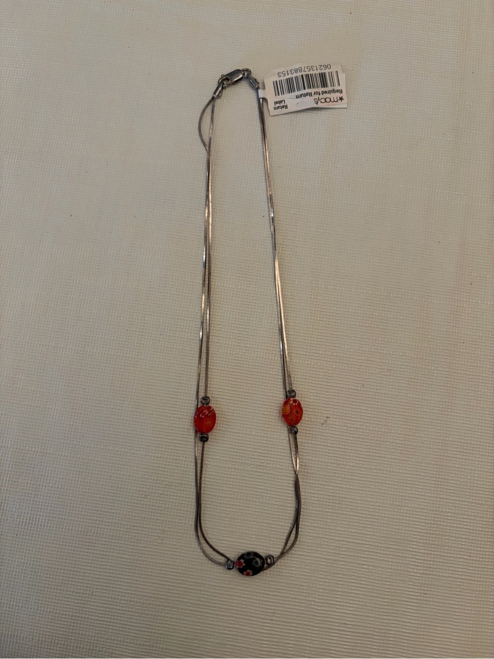 Silver Double Chain Silver Necklace with Red & Black Stones